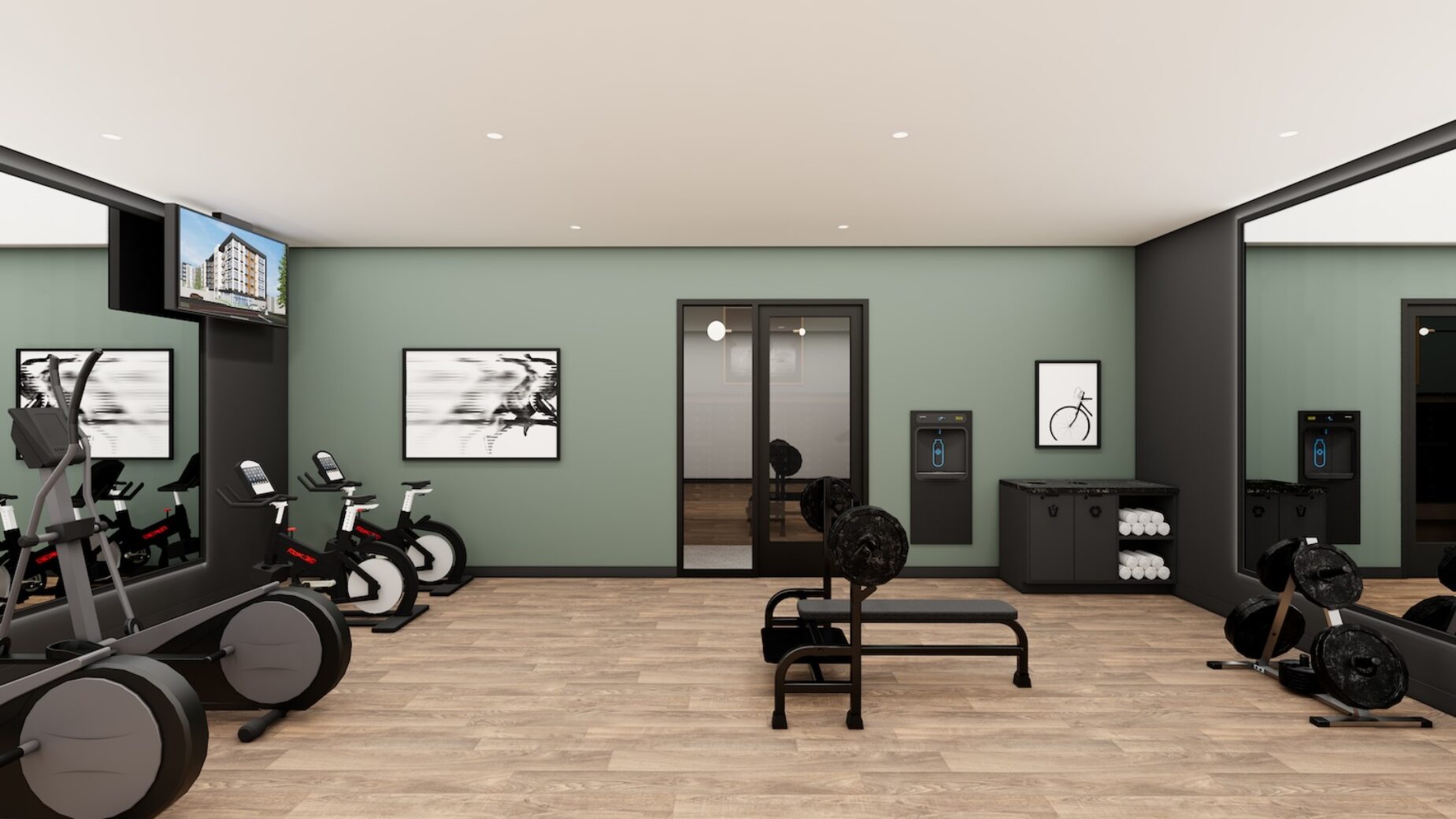 Rendering of the Two10 fitness center with workout equipment and water station