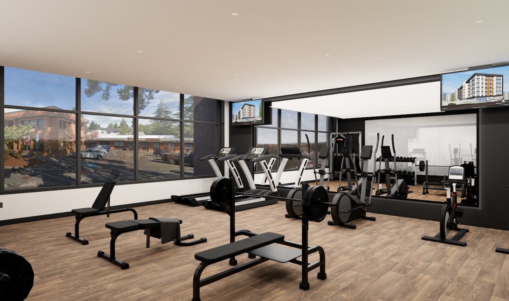 Rending of the TWO10 fitness center with workout equipment