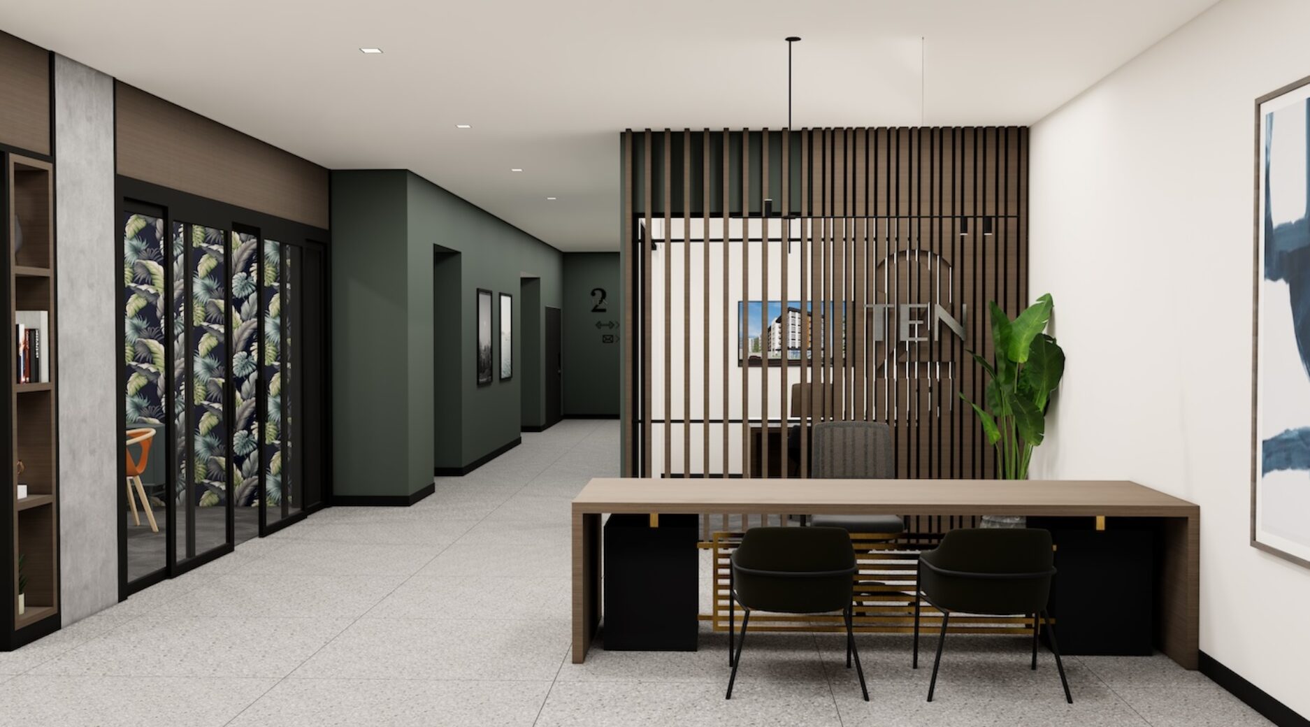 Rendering of TWO10 lobby entrance with desk