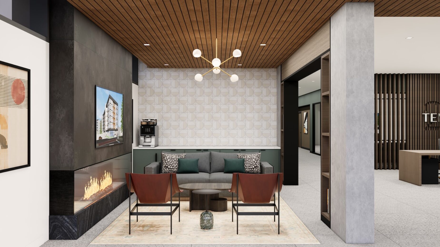 Rendering of TWO10 lobby corner with two chars and gas fireplace