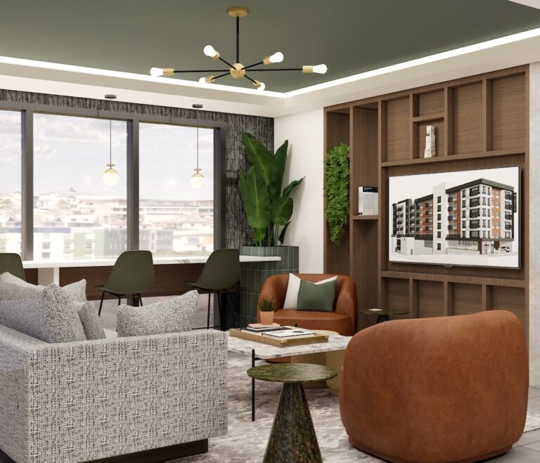 Rendering of TWO10 lounge showing couches and art
