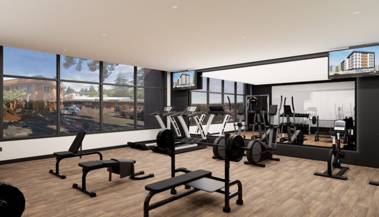 Rendering of TWO10 fitness center with workout equipment