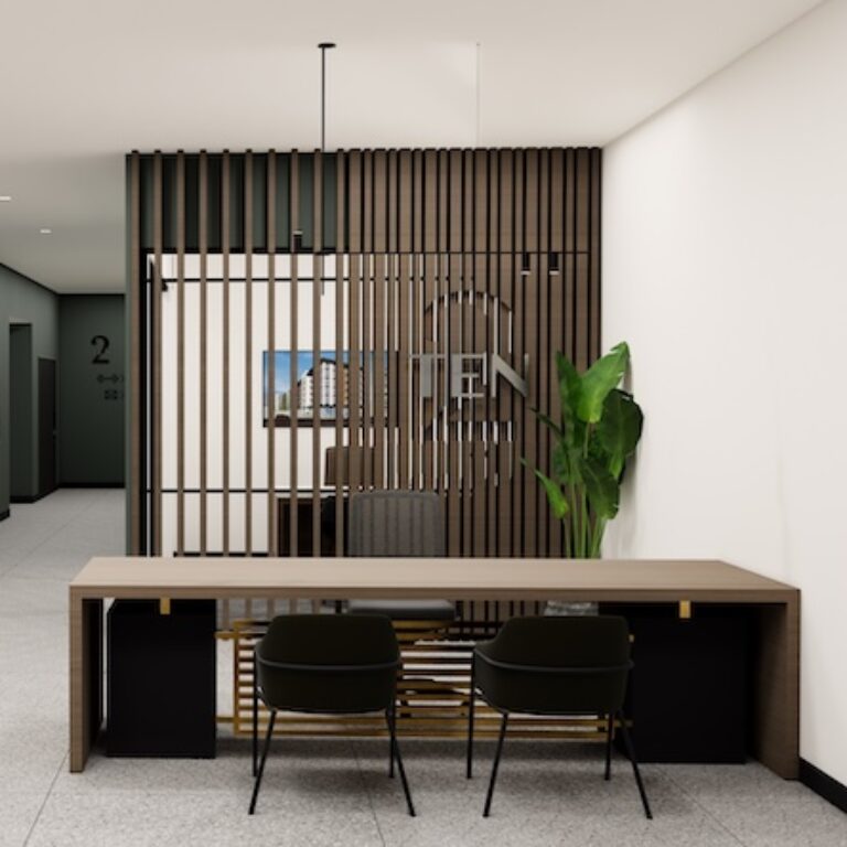 Rendering of TWO10 lobby with desk and chairs