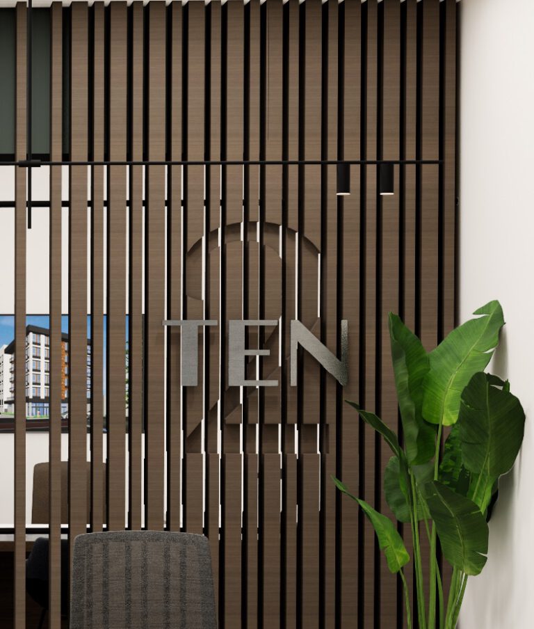 Rendering of TWO10 lobby with wooden slat wall featuring the word "TEN" in metal letters