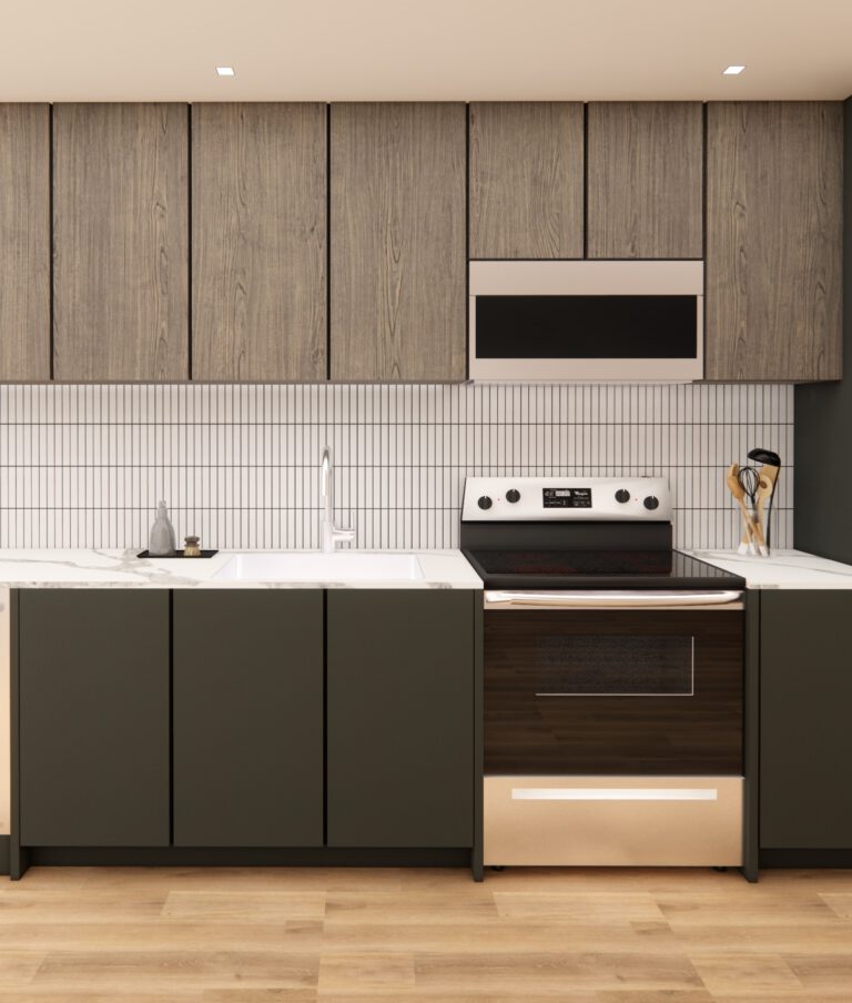Rendering of a TWO10 unit kitchen with dark green cabinets, wood accents, white subway tile backsplash, stainless steel appliances, and light wooden flooring.
