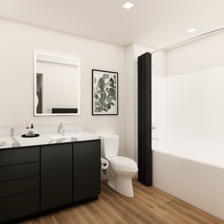 Rendering of TWO10 unit bathroom with dark cabinets, toilet and bathtub.
