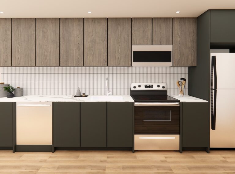 Rendering of kitchen inside a Two10 units with stainless steel appliances.